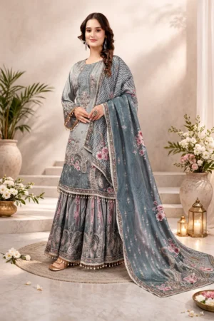 Mahira – Sage Grey Satin Silk Sharara Set with Gold Gota Work