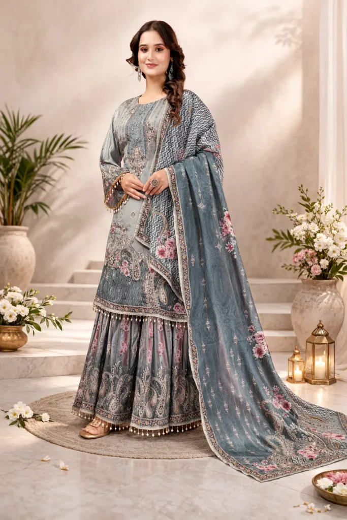 Mahira – Sage Grey Satin Silk Sharara Set with Gold Gota Work