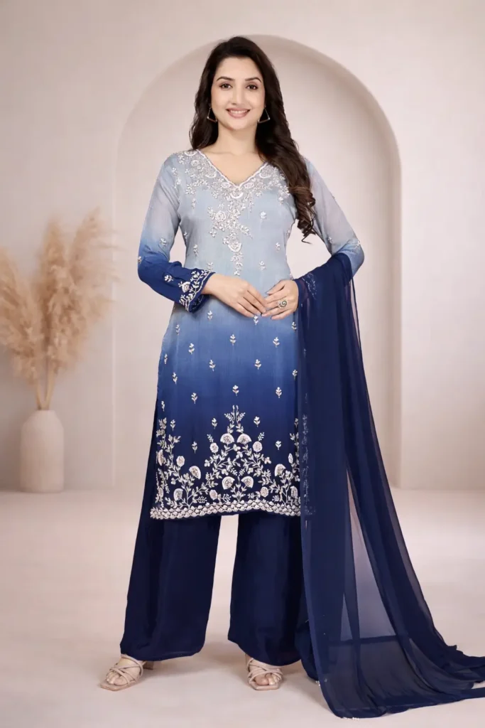 Aarzoo Bloom – Ombre Sky Blue to Navy Silk Georgette Suit