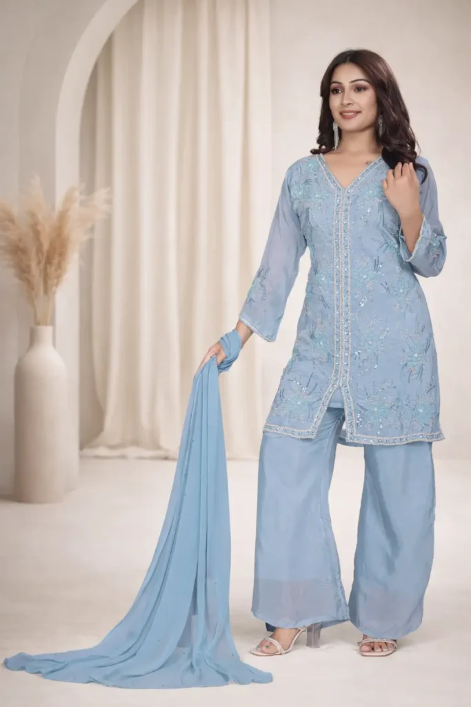 Falak Ensemble – Powder Blue Beaded Organza Silk Suit