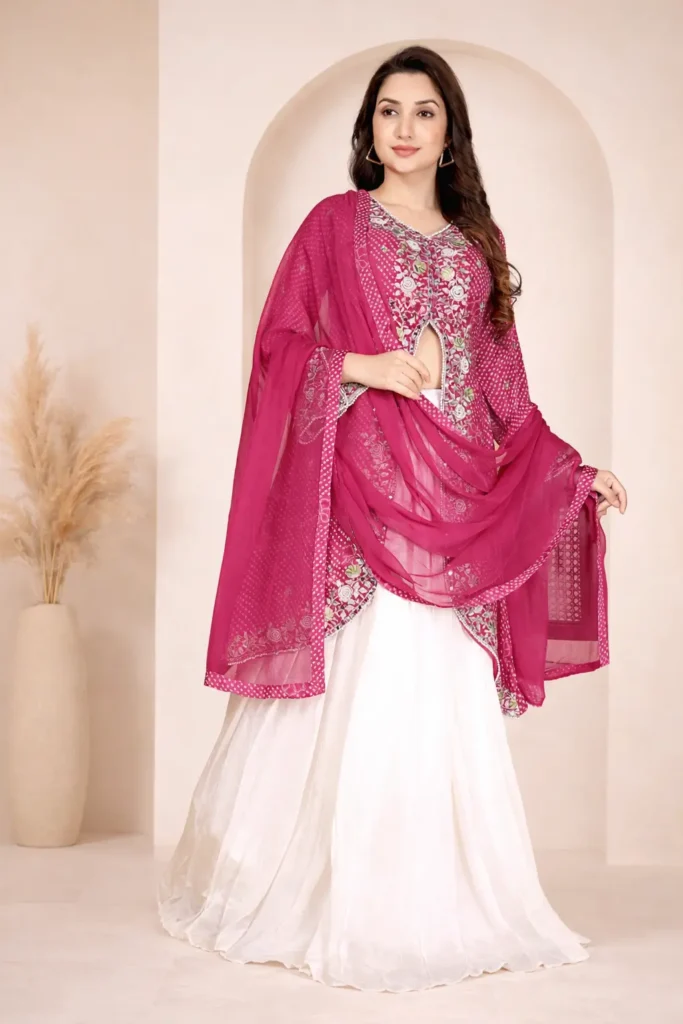 Rani Edit – Magenta & White Mirror-Work Lehenga Suit