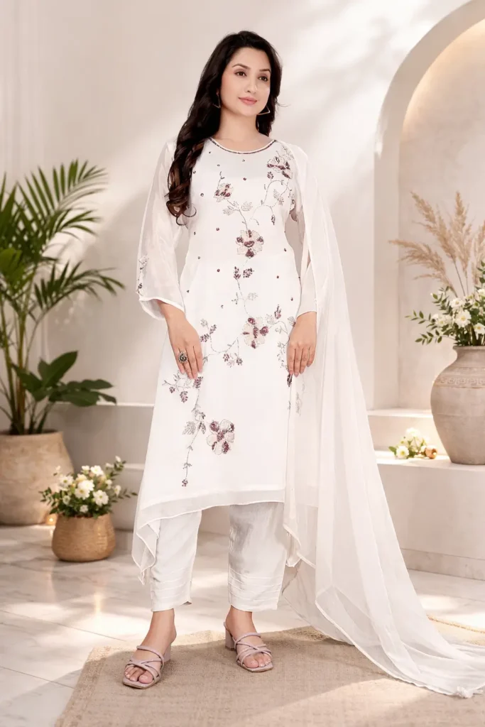 Chaandni – Ivory White Silk Suit with Beaded Embroidery