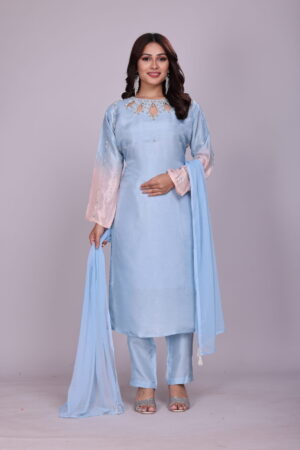 Meera – Powder Blue Silk Suit with Blush Sleeve Detail