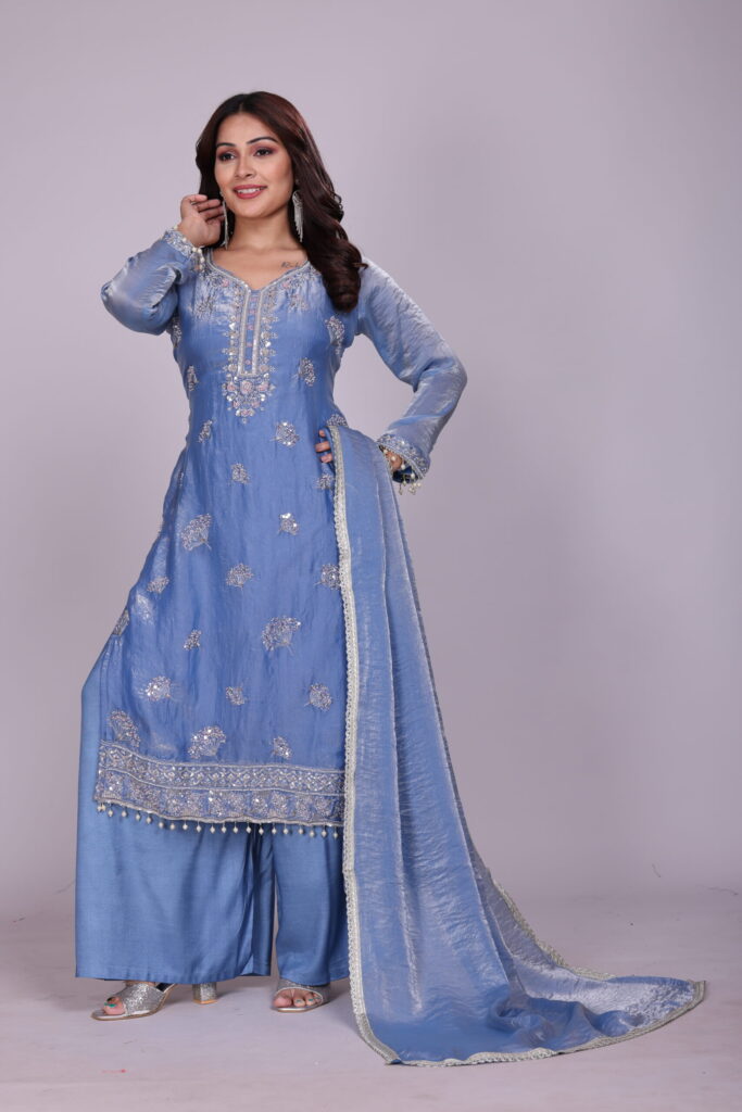 Neelam – Periwinkle Blue Zari-Work Silk Kurta Set
