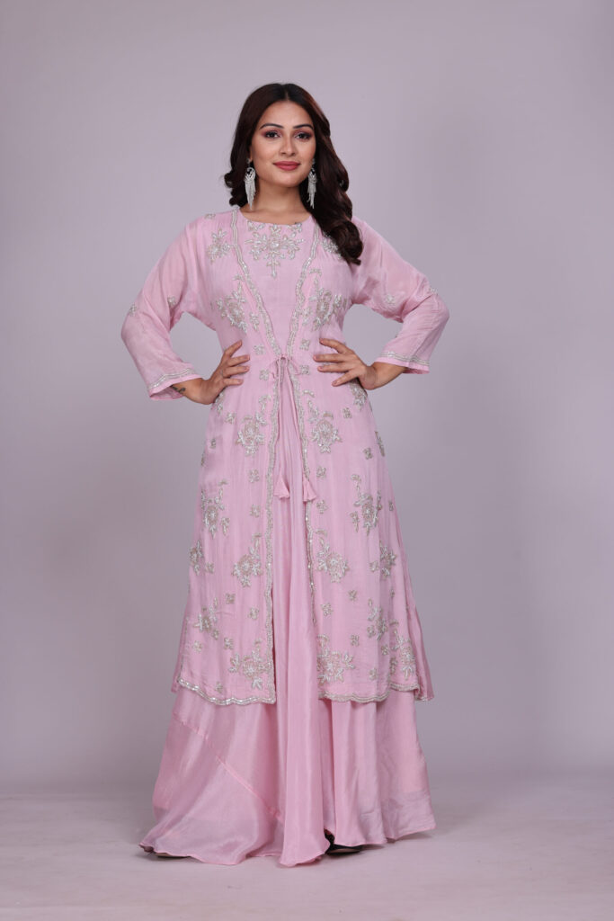 Gulbahar Grace – Blush Pink Zari Jacket Gown Set