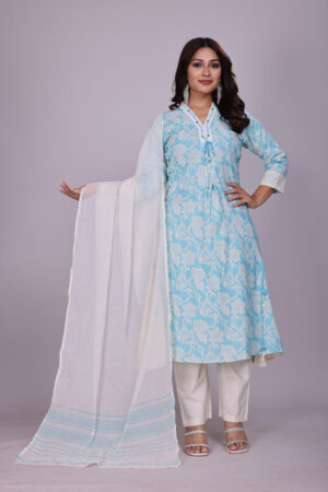 Khusbu – Sky Blue Floral Print Cotton A-Line Suit