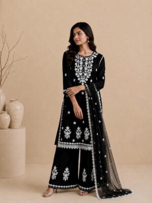 Monochrome Floral Embroidered Palazzo Suit Set