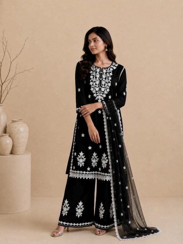 Monochrome Floral Embroidered Palazzo Suit Set