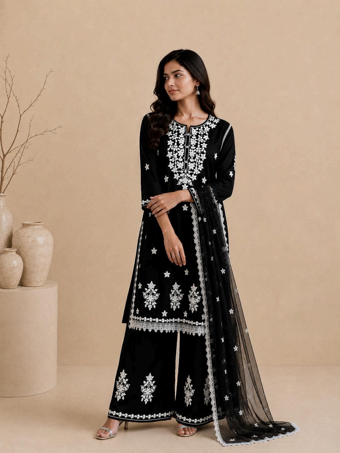 Monochrome Floral Embroidered Palazzo Suit Set