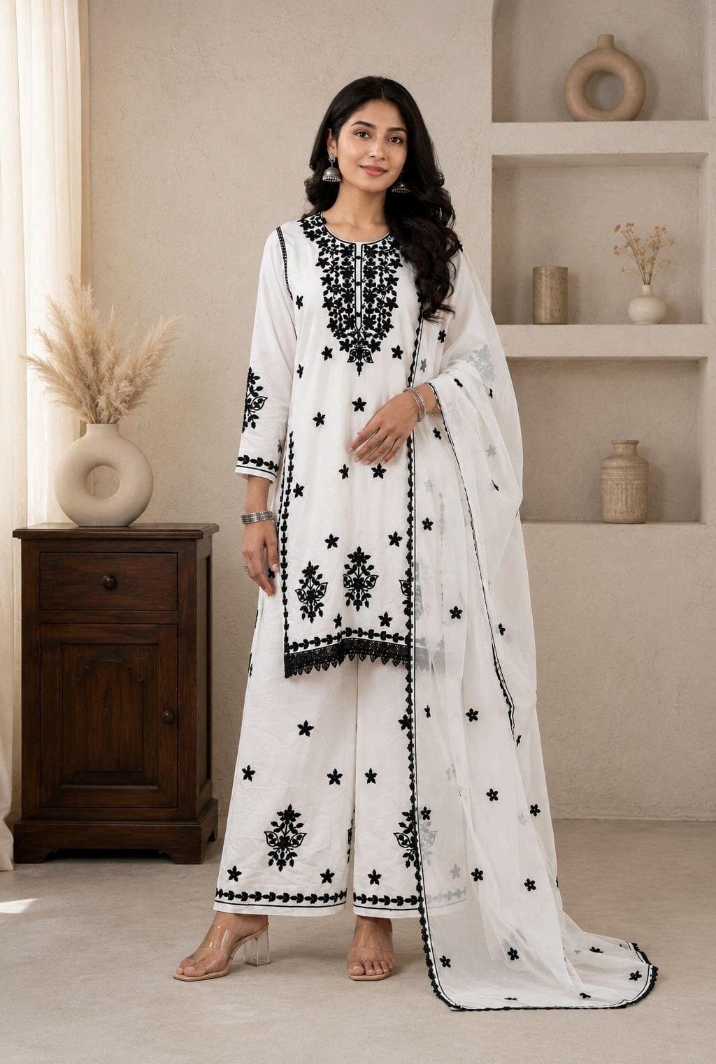 Monochrome Floral Embroidered Palazzo Suit Set